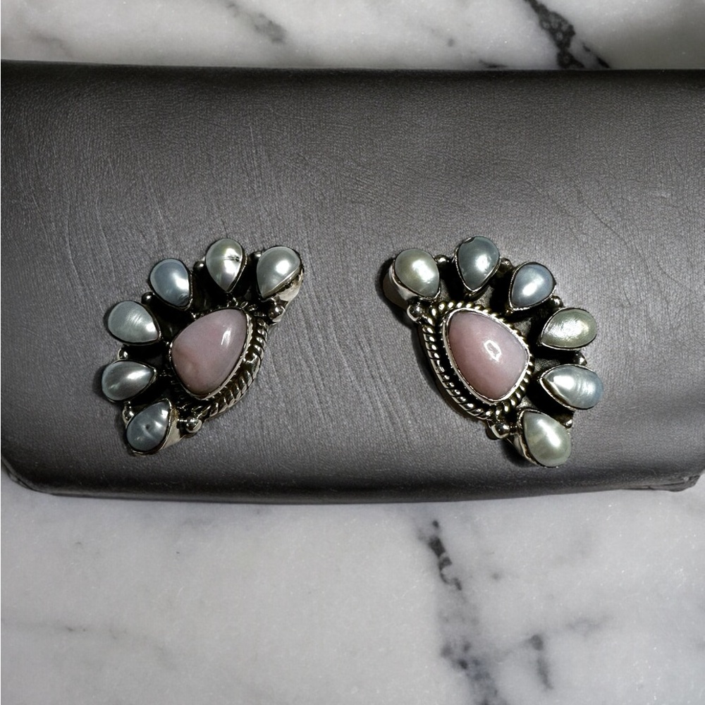 Sterling Silver Pink Opal & Silver Pearl Earrings